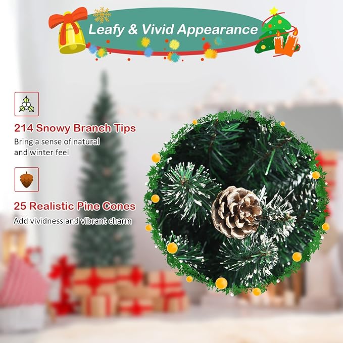 5 ft Pencil Christmas Tree, Slim Flocked Christmas Tree with 214 PVC Branch Tips, 25 Pine Cones & Foldable Metal Stand, Skinny Xmas Trees, Artificial Christmas Tree for Home, Office, Holiday