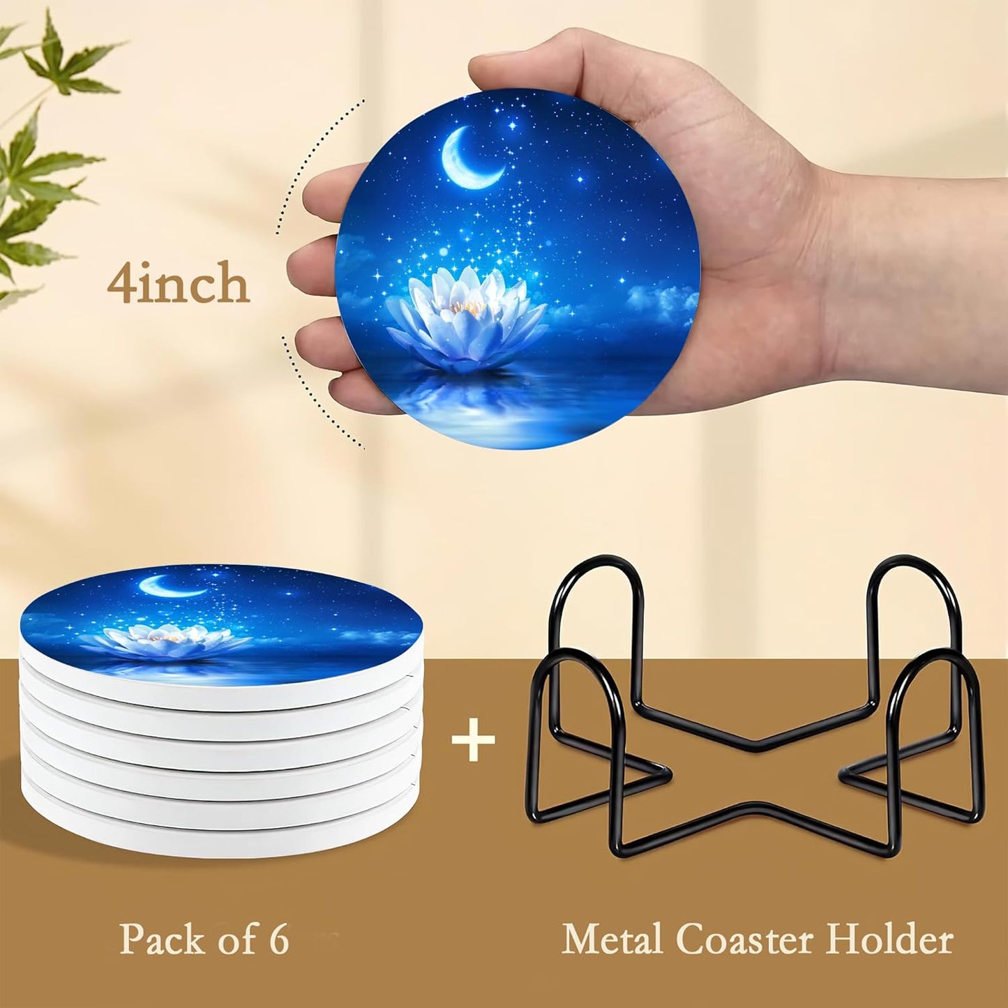 Drink Coasters with Holder,6 Pcs Water Lily Coffee Cup Mat with Storage Holder, Durable Ceramic Coaster Set for Hot & Cold Beverages