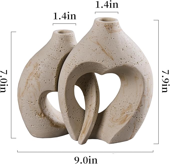Modern Hollow Vase Set of 2 - Natural Travertine Textured Resin Vases for Flowers, Pampas Grass, Home Decor - Centerpiece for Bathroom, Entryway, Nightstand (8.5 Inches Tall, Heart Design)