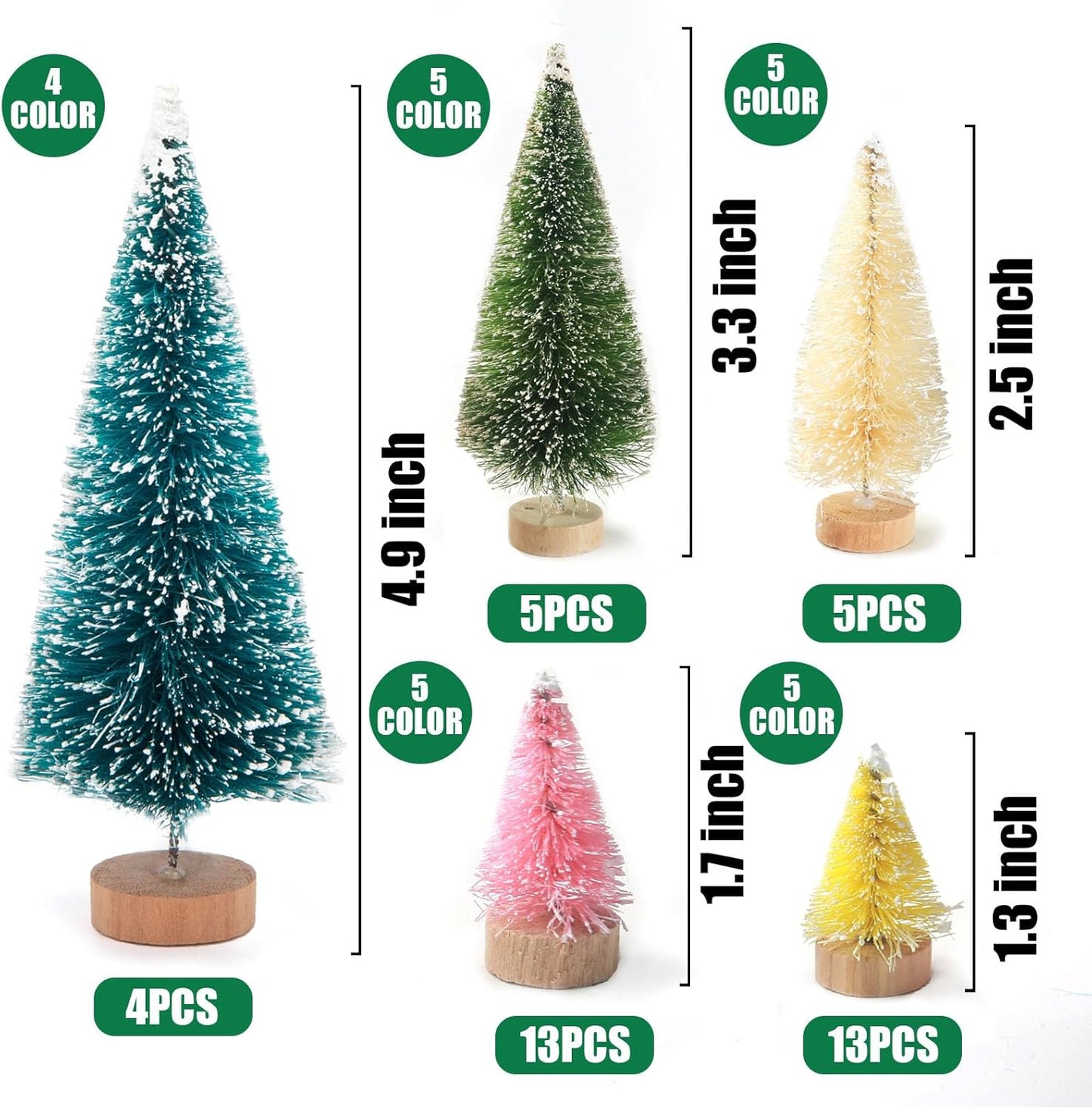 LOVEINUSA 40PCS Colorful Mini Christmas Trees, Snow Frosted Sisal Trees Colored Bottle Brush Xmas Trees with Wooden Base for Xmas Winter Home Table Decoration