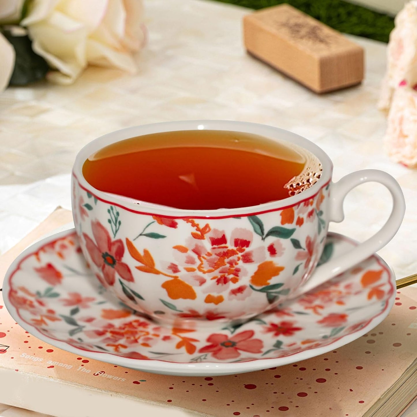 Cups and Saucers Coffee Tea Cups Set of 2 (7.4 oz/ 220ml) Ceramic Cup Espresso Mug with Gold Trim Floral Porcelain Vintage Flower Pattern for Gifts, Gatherings, Receptions,Breakfast, Home