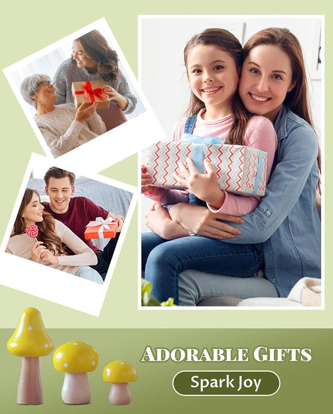 3Pcs Mushroom Decor Wooden Mini Figures Fairy Garden Accessories 2.9in 1.8in 1.2in Cute Miniature Mushrooms Home Decor for Bedroom Office Bonsai Fairy Garden Yellow