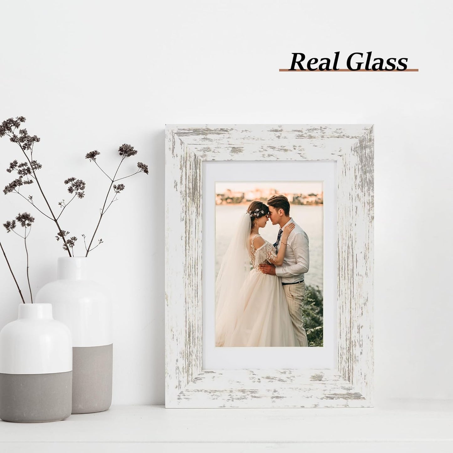 iRahmen 4x6 Picture Frame Set of 2 with HD Glass, Distressed White Wood Photo Frames Display 3.5x5 Picture with Mat or 4 x 6 Without Mat for Horizontal or Vertical Tabletop and Wall Mounting