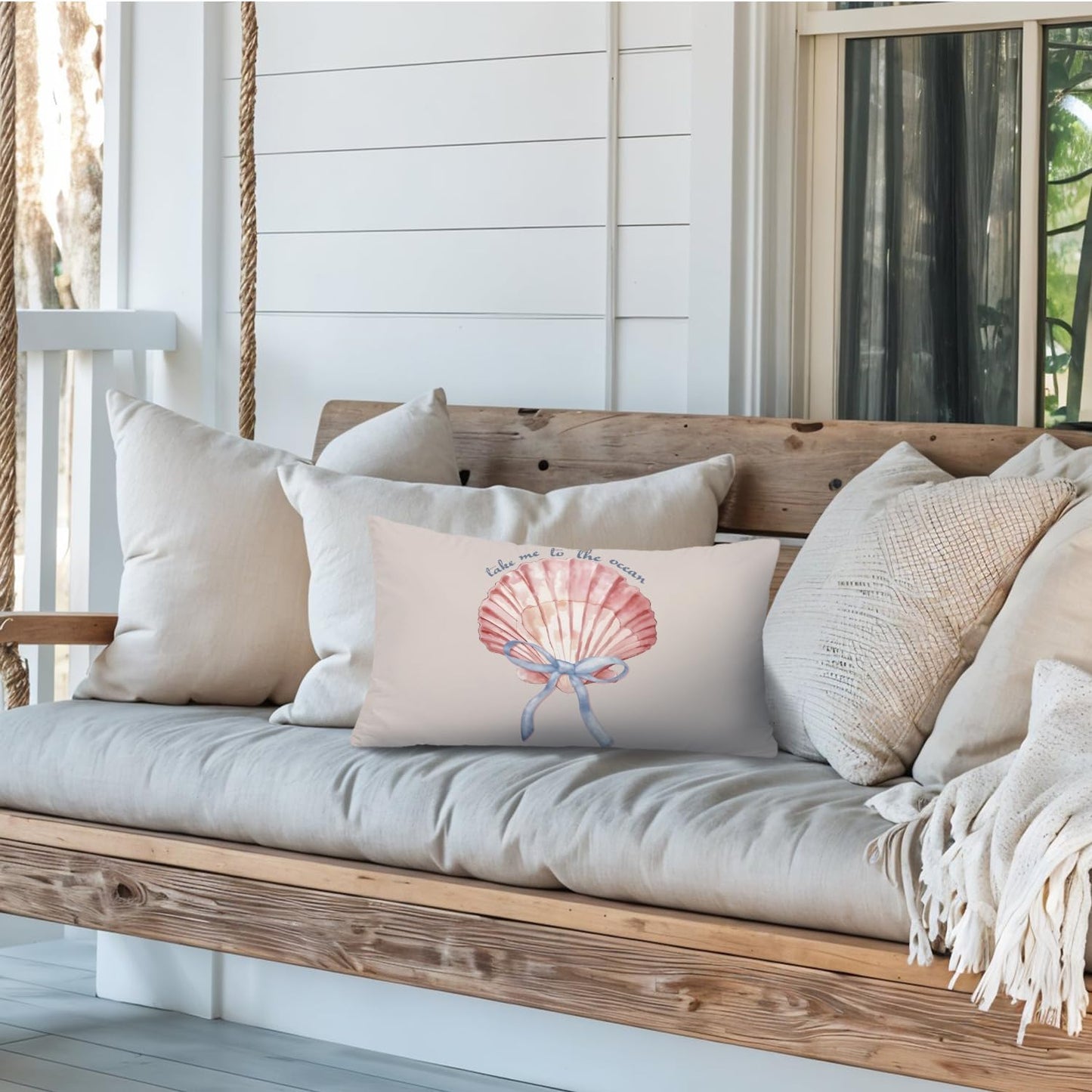 Coastal Girly Room Decor Aesthetic 12x20 Pillow Cover, Take Me to The Ocean Coquette Bow Seashell Decorative Lumbar Pillow Covers for Girls Bedroom College Dorm Sofa Couch