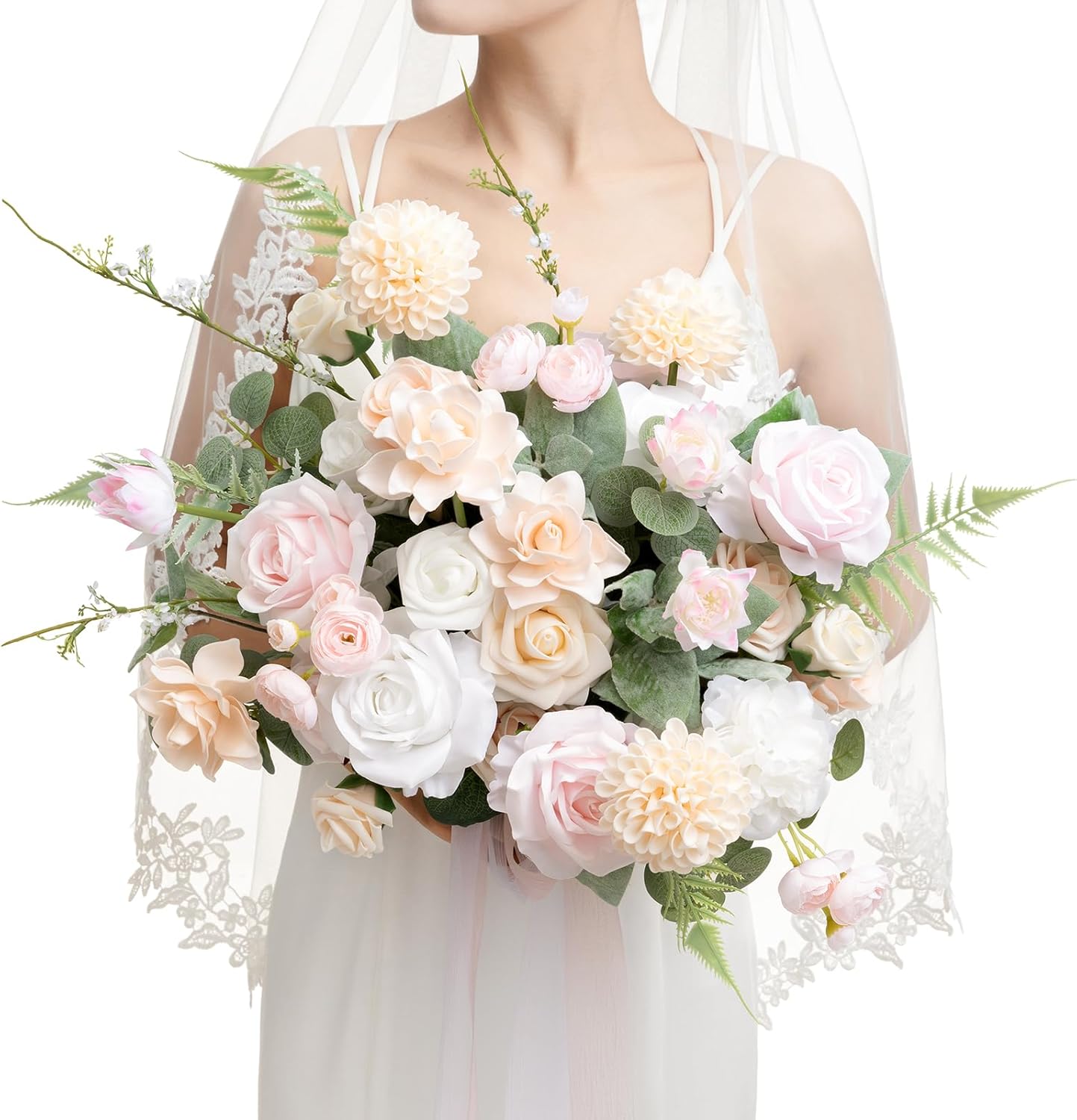 Ling's moment Blush Pink Bridal Bouquet Cascading, Coral Wedding Bouquets for Bride, 15 Inch Free Form Artificial Wedding Flower Bouquet