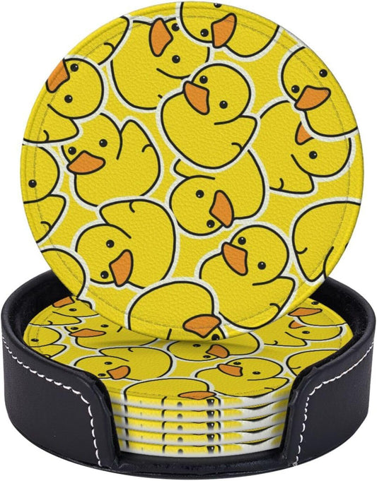 Drink Coasters with Holder Stand Set of 6 Yellow Ducks Pattern Drawing Pu Leather Absorbent Coasters with Cork Base Table Round Coaster for Housewarming Apartment Kitchen Bar Decor