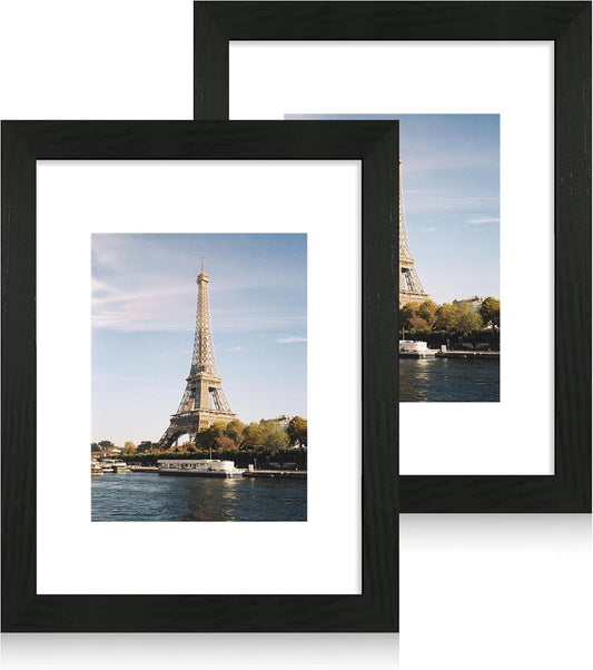iRahmen 9x12 Picture Frame Set of 2, Black Wood Photo Frame with Tempered Glass, Display Pictures 6x8 with Mat or 9 x 12 without Mat for Tabletop and Wall Mounting