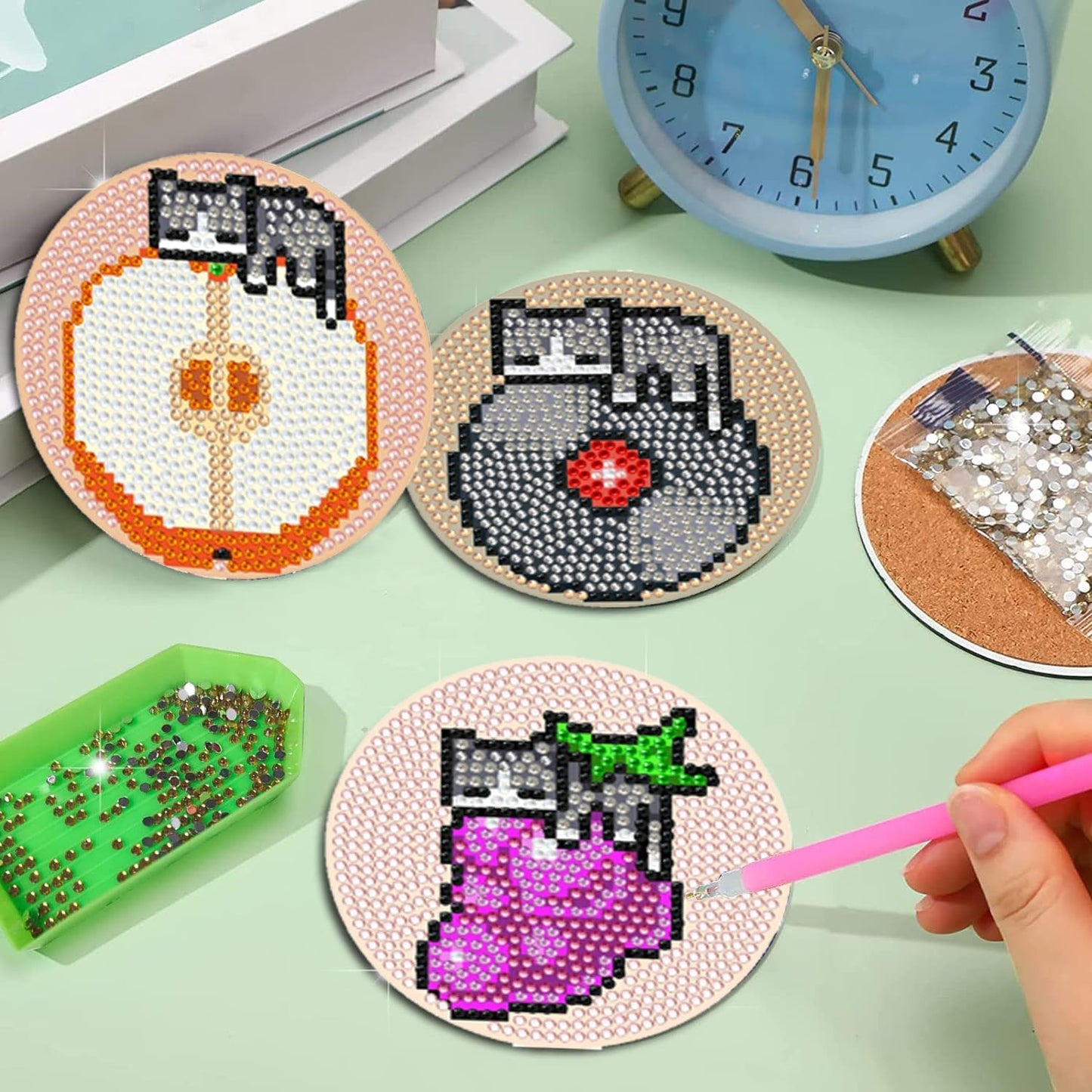 EWJRNSF 6 PCS Small Diamond Art Coasters Kits, Diamond Painting Coasters, Fall Diamond Art Kits for Adults Beginners, Arts and Crafts Item Sets with Holder for Drinks. Cat