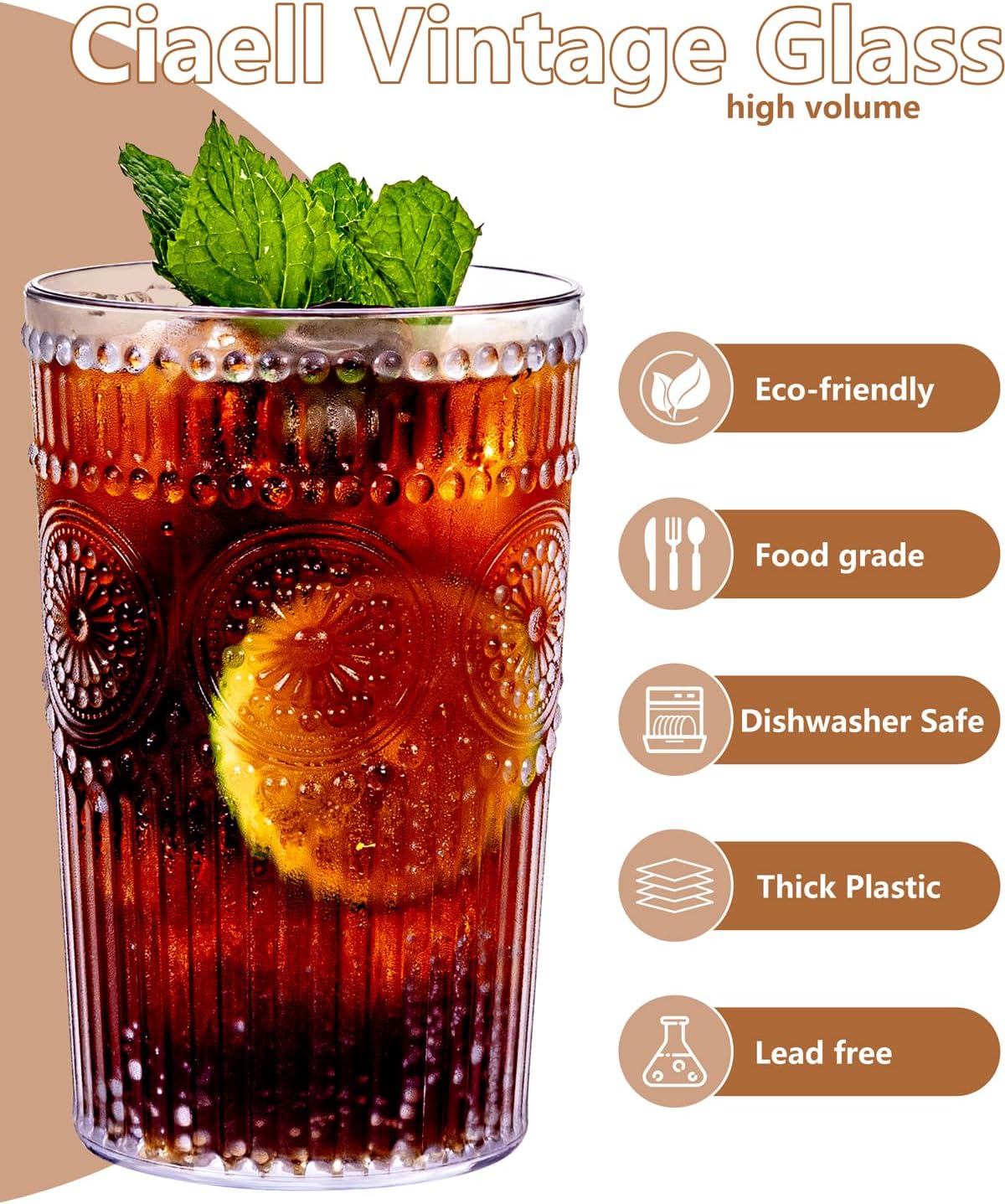 Ciaell 12 Pack Romantic Plastic Water Glasses - 14 Oz Clear Vintage Drinking Glasses, Embossed Ribbed Plastic Cups, Textured Striped Drinkware Set for Juice, Beverages, Beer, Cocktail