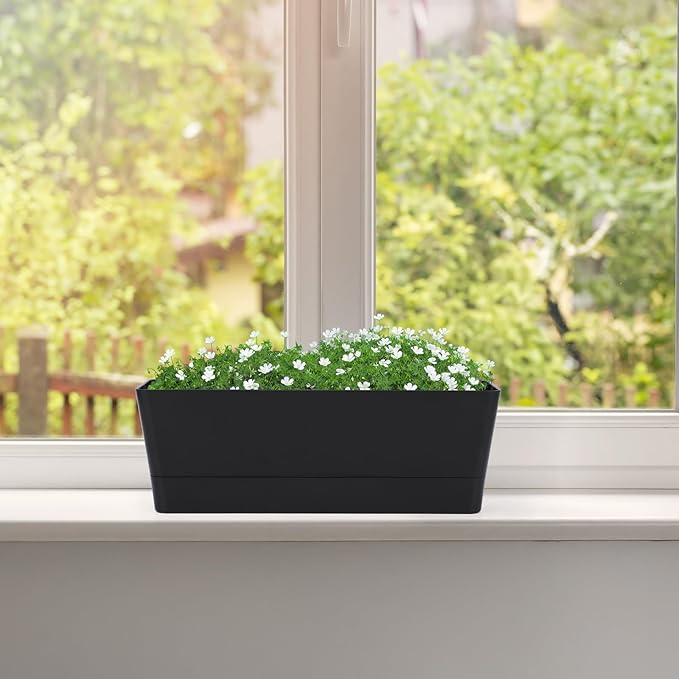 GREANER Black Rectangle Window Boxes, 3 Pack 12x3.8 Inch Herb Planters with Tray, Indoor Succulent Cactus Mint Plastic Pot for Windowsill, Garden Balcony, Office Outdoor Decoration