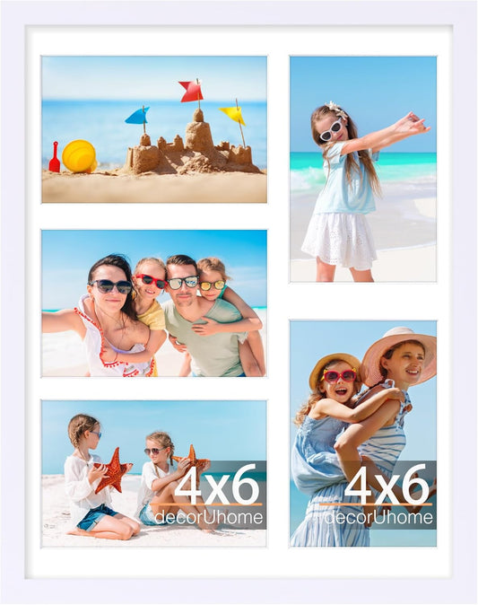 decorUhome 11x14 Picture Frames Collage Wall Decor, Display 5Pcs 4x6 Photos with Mat or 1Pcs 11x14 Unmatted, 5 4x6 Collage Picture Frames for Wall Mounting, White