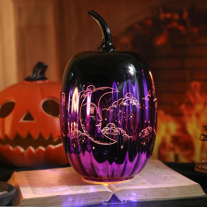VCUTEKA Glass Pumpkin Lights, Lighted Pumpkins Halloween Decorations for Home, Pumpkin for Indoor Decor and Thanksgiving Centerpieces Tables Decor, Purple