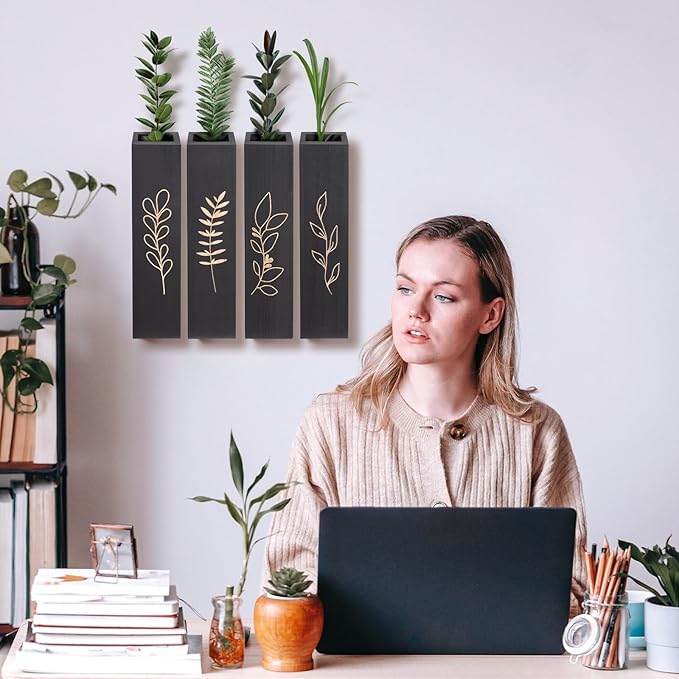 Wood Wall Planter, Farmhouse 4 Pack Indoor Pocket Wall Vases Decor for Living Room Bedroom Dried Flowers Faux Greenery Plants (Black)