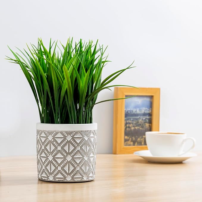 MyGift 9 Inch Artificial Green Grass Plants in Modern Concrete Pot with Geometric Embossed Pattern, Faux Greenery Plant Centerpiece Decorative Round Planter