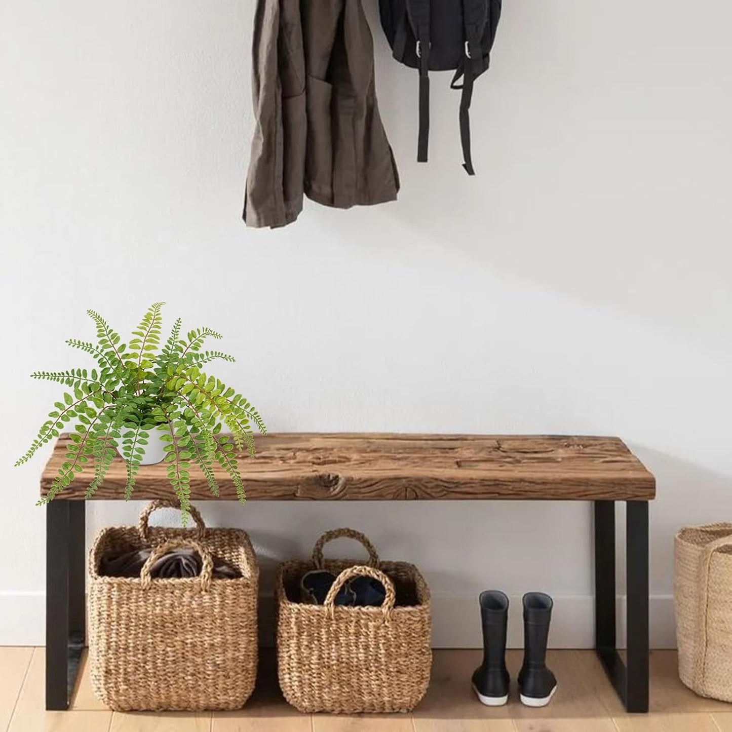 Hollyone Artificial Fern Potted Plant for Outdoors Indoors - Lifelike Faux Boston Fern in White Pot for Garden, Patio, Home, Farmhouse, Windowsill, Office, Living Room, Desk Decoration