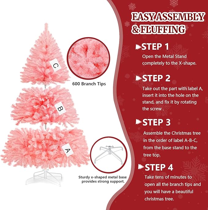 ULICO 5ft Artificial Pink Christmas Tree,Premium Spruce Xmas Tree with 600 Branch Tips, Fake Christmas Tree with Foldable Metal Base Stand,Home, Office,Party Decoration