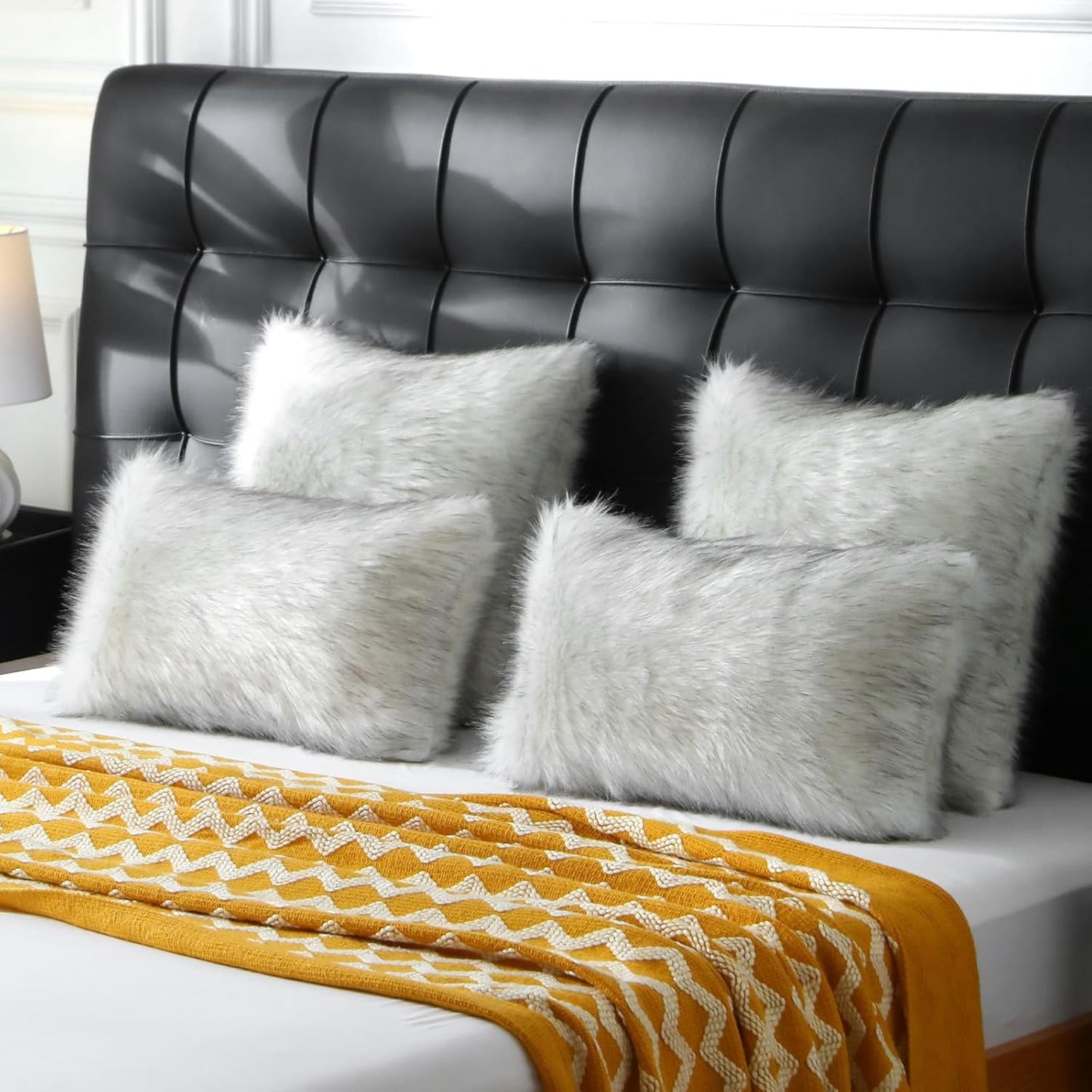 FUTEI Black White Decorative Throw Pillow Covers 26x26 Inch Set of 2,Soft Fluffy Faux Fox Fur Textured Euro Pillow Shams,Modern Home Decor for Couch Living Room