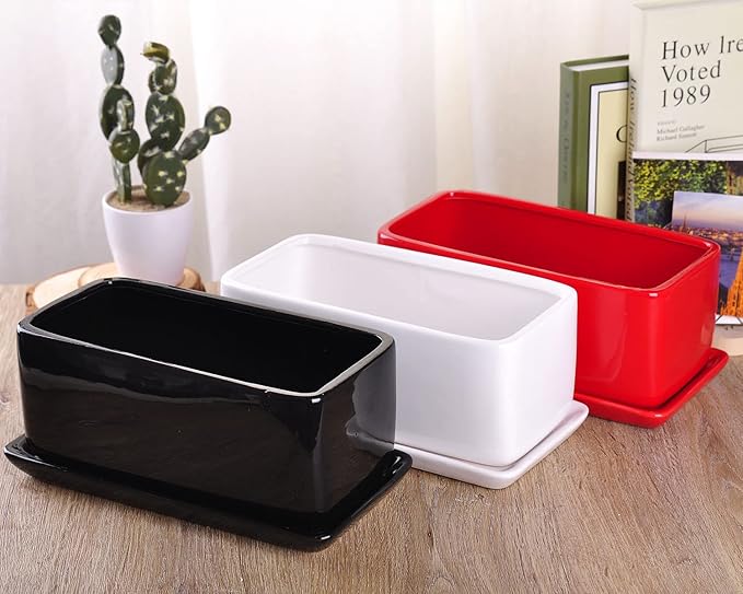 VanEnjoy 10 Inch White Rectangle Ceramic Succulent Planter Pot Decorative Cactus Plant Pot Flower Container with Ceramic Tray