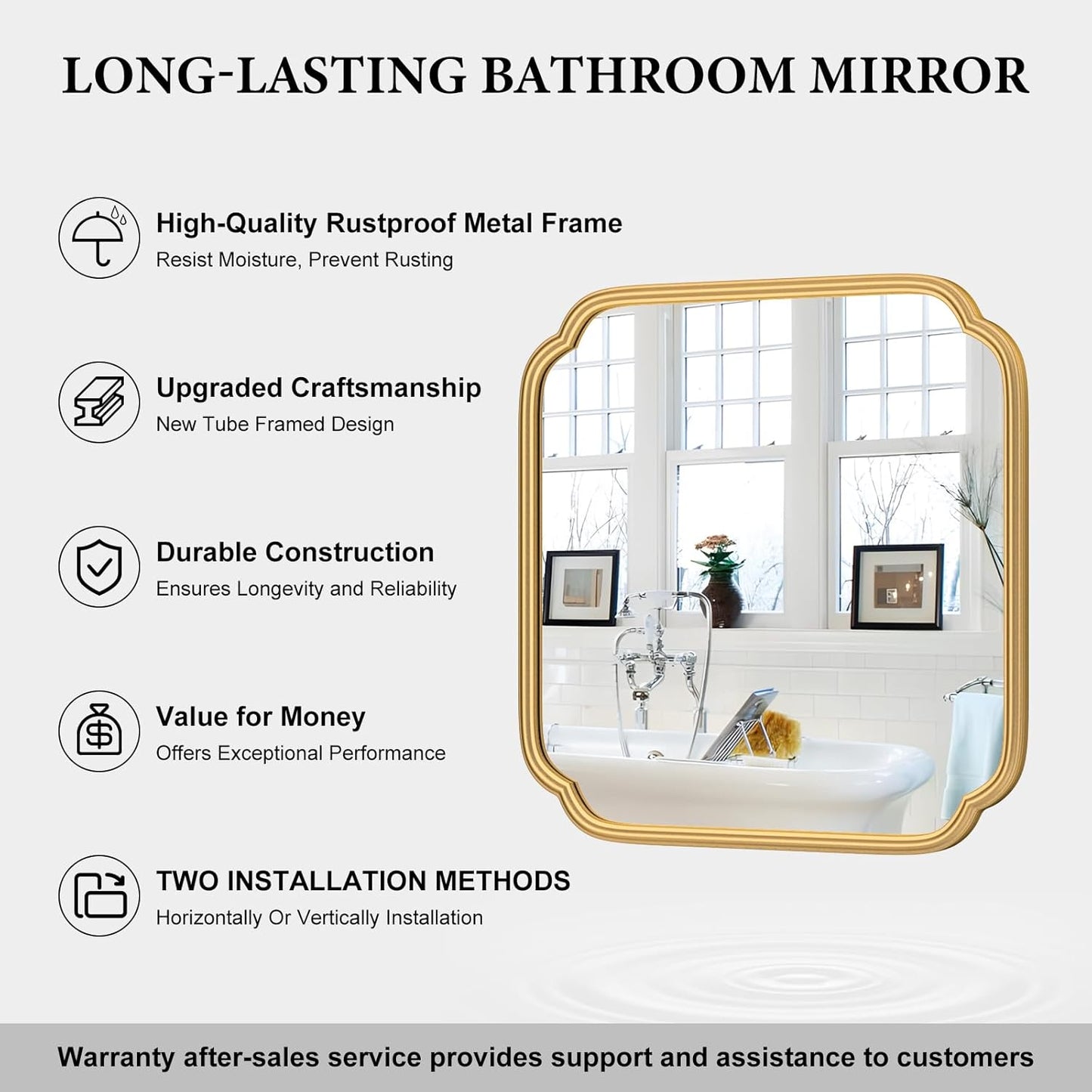 Gold Bathroom Mirror for Wall 24" x 24" Modern Rounded Corner Square Mirror with Non-Rusting Iron Metal Framed Bathroom Vanity Mirror for Over Sink Wall Decor Horizontal/Vertical