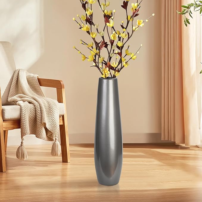 Silvery Ceramic Tall Floor Vase,17.7 Inch Large Modern Flower Vases for Home Décor,Wicker Big Floor Vase Decorations for Farmhouse, Living Room,Bedroom,Standing Plastic Vase Decorative Tall