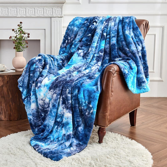 Krifey Blue Faux Fur Blanket, Super Soft Cozy Blanket, Luxury Fluffy Throw Blanket Warm Plush Bed Throw Tie Dye Blue 50" x 60"