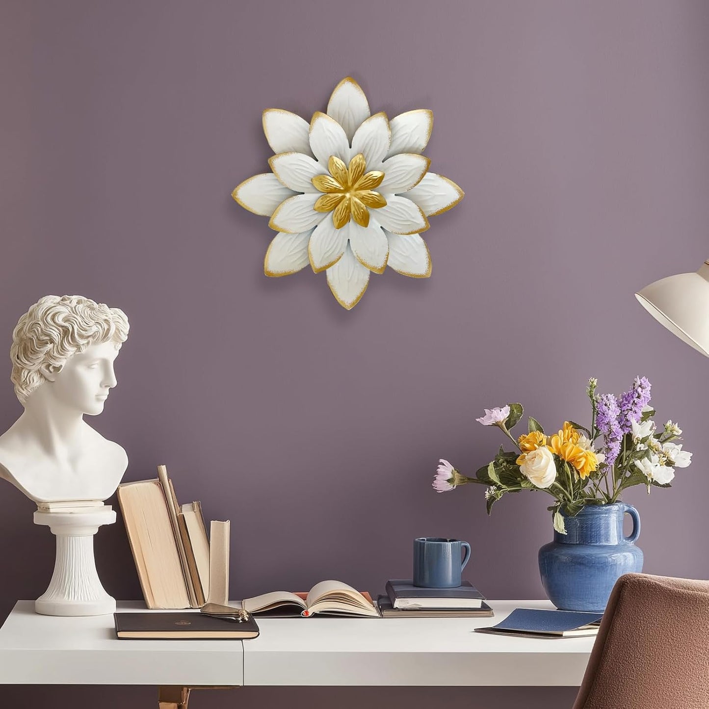 LIFFY 9.2“ White and Gold Metal Flower Wall Art, Modern Rustic Floral Decor for Indoor Living Room Bedroom Office Outdoor Garden Patio Yard