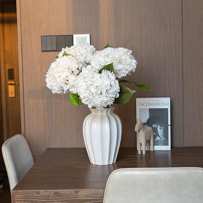 4PCS Artificial Flowers Large Hydrangeas Flowers Latex Bouquet for Wedding Bridal Office Home Party Decoration (4Pcs White)