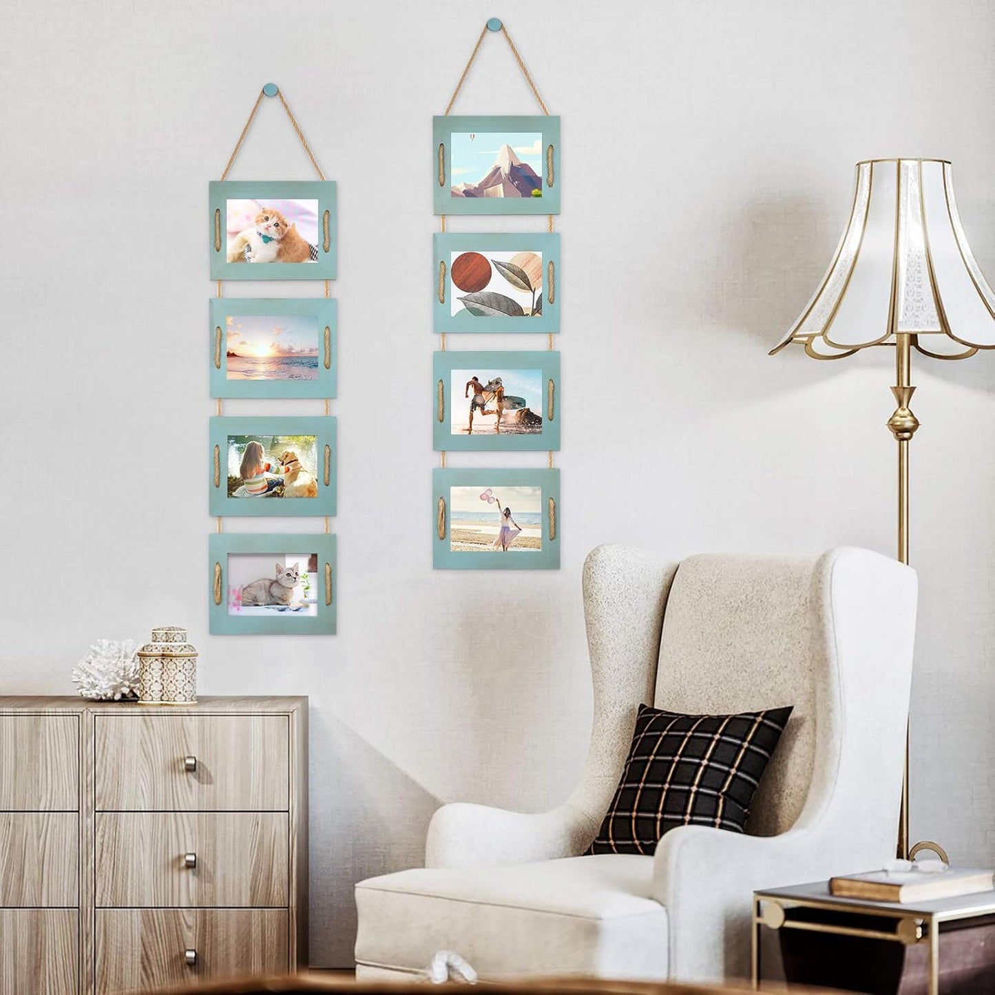 DLQuarts 5x7 Hanging Picture Frames Collage Wall Decor, 4-Opening 5x7 Matted to 3.5x5 Photo Rustic Wood Frame with Hemp Rope, 1 Pack, Ocean Blue