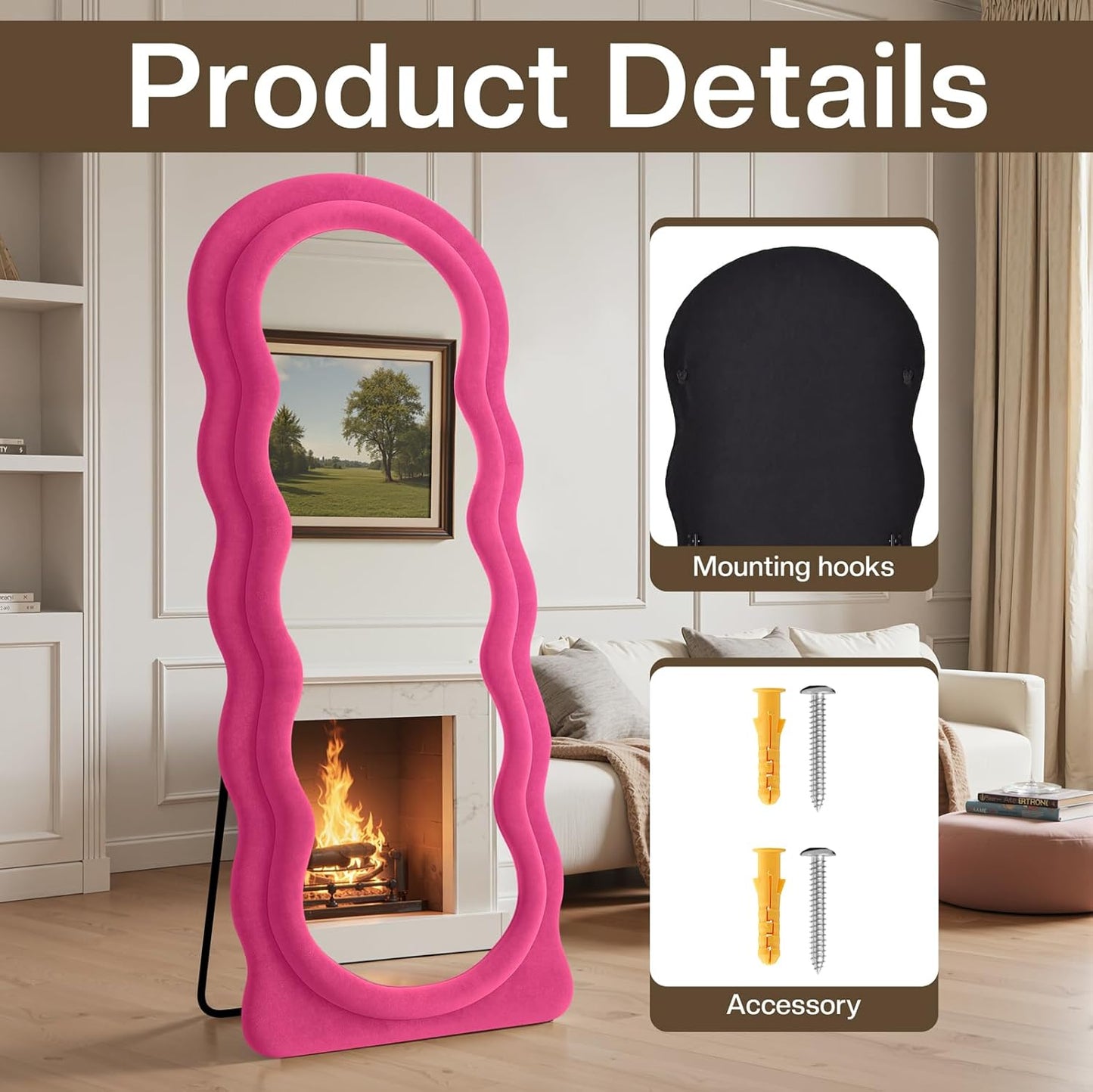 Full Length Mirror 71"x30" Irregular Wavy Full Body Wall Mounted Floor Mirror with Stand Hot Pink Flannel Frame Leaning Hanging Wall for Bedroom Entrance Hallway