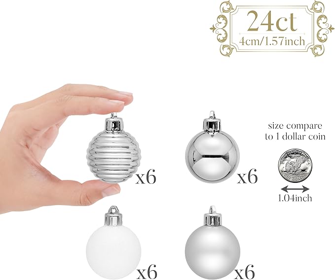 Valery Madelyn 1.57 Inches Small Christmas Tree Decorations Ornament Set for Fall Halloween, 24ct White and Silver Shatterproof Hanging Ball Ornaments Holiday Party Decor