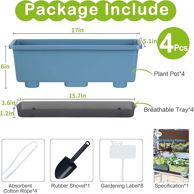 Window Box Planter 4 Packs, 17 Inches Rectangle Flower Pots with Drainage Holes & Trays, Pots for Vegetables, Herbs, Flowers, Garden Windowsill Balcony (Blue, 17 * 5.1 * 6 inch)