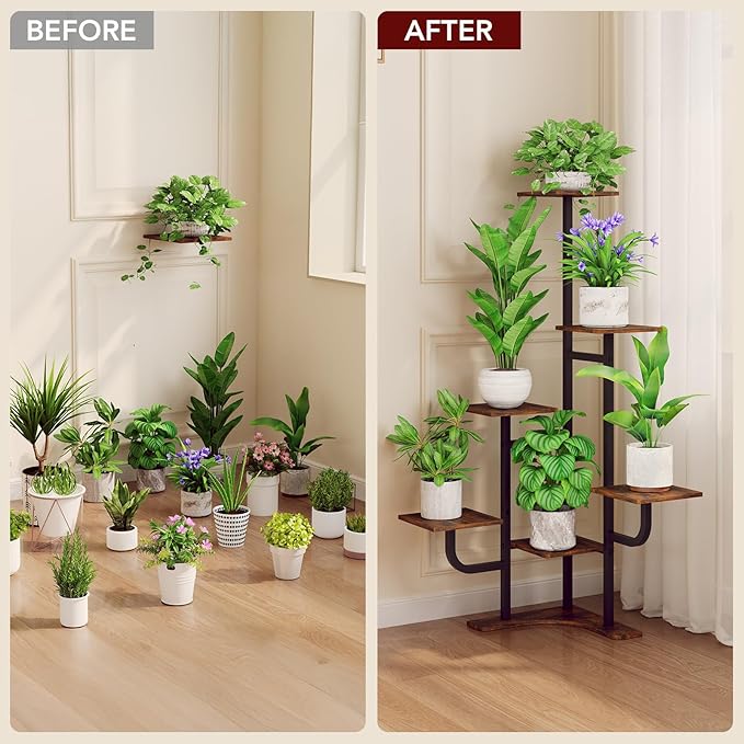 Corner Plant Stand with Grow Light - 6 Tier Plant Stand Indoor Square Metal Plant Shelf with Adjustable Light, Plant Organizer for Living Room, Graden, Home Decor (Brown)