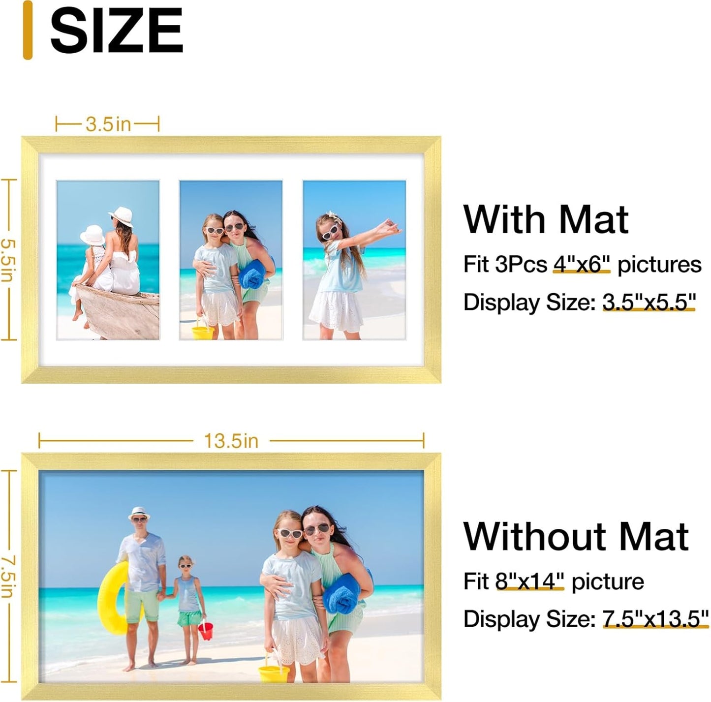 decorUhome 8x14 Picture Frames Collage Wall Decor, Display 3Pcs 4x6 Photos with Mat or 1Pcs 8x14 Unmatted, 3 4x6 Collage Picture Frames for Wall Mounting, Gold