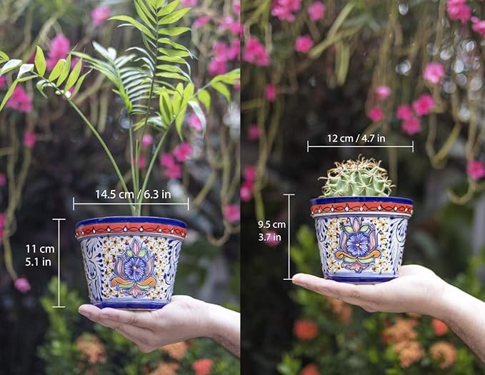 Fiesta Brands Talavera Mexican Pottery Planters Medium and Small Cobalt Talavera Succulent Planter Set of 2 (6 in Diam x 4.5 in Tall and 5 in Diam x 4 in Tall)