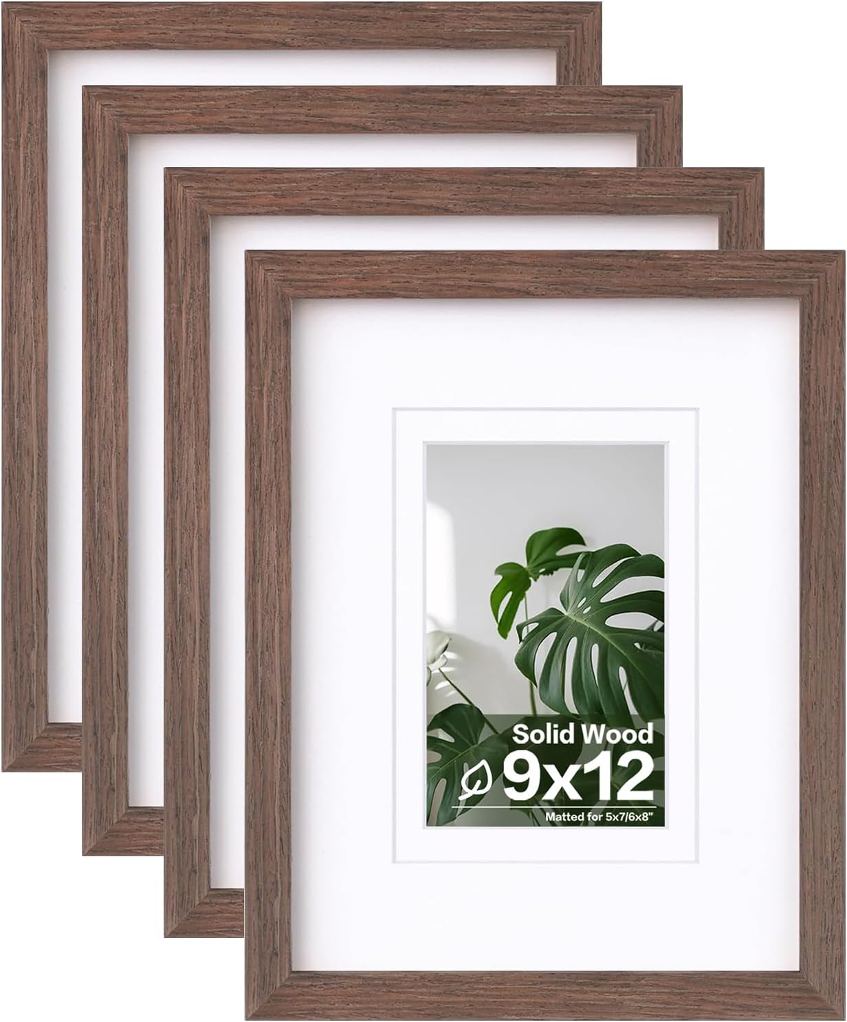 Egofine 9x12 Picture Frames Set of 4, Made of Solid Wood Covered by Plexiglass 5x7 and 6x8 with Mat or 9x12 without Mat, for Table Top Display and Wall Mounting Photo Frame Brown