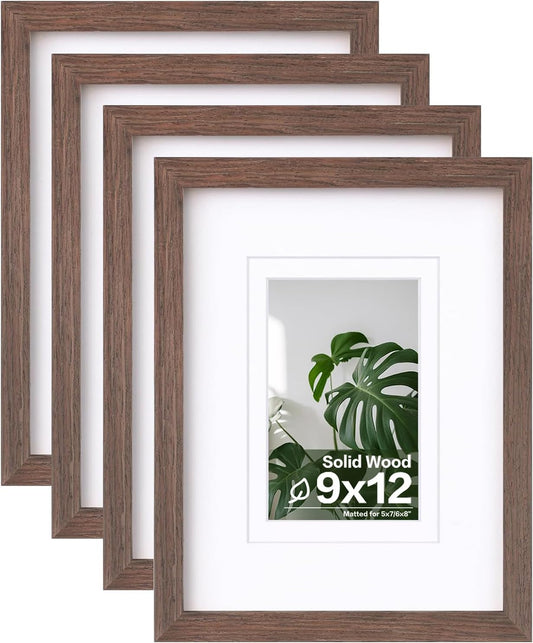Egofine 9x12 Picture Frames Set of 4, Made of Solid Wood Covered by Plexiglass 5x7 and 6x8 with Mat or 9x12 without Mat, for Table Top Display and Wall Mounting Photo Frame Brown