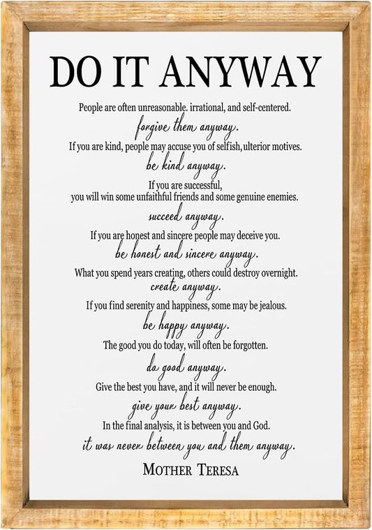 comurdyo Do It Anyway Wall Decor 16"x11" Mother Theresa Quotes Inspirational Sign Bible Verse Christian Motivational Modern Bedroom Vintage Wood Framed Farmhouse Wall Hanging Art (Wood)