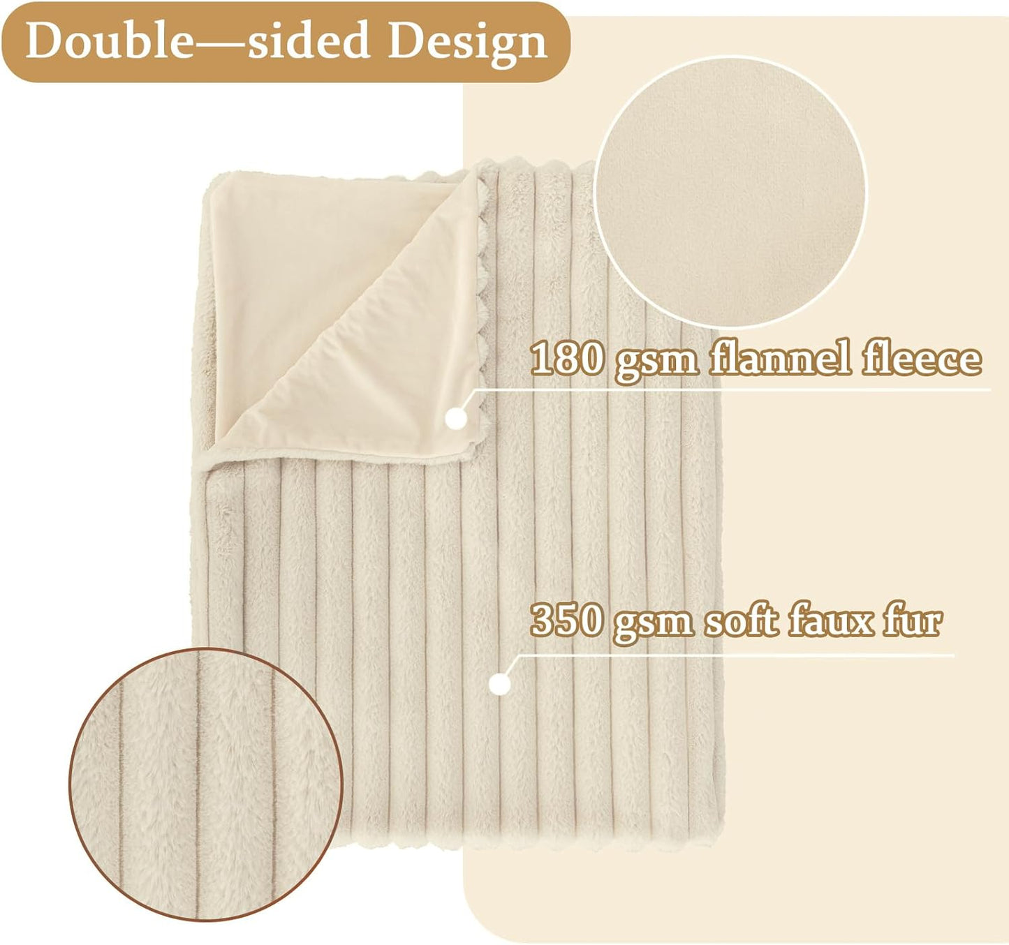 Beige Faux Fur Throw Blanket for Couch, Fuzzy Cozy Soft Warm Plush Striped Throw Blanket, Decorative Fluffy Winter Blanket for Sofa Chair Bed Living Room Home Decor, 60"x80"