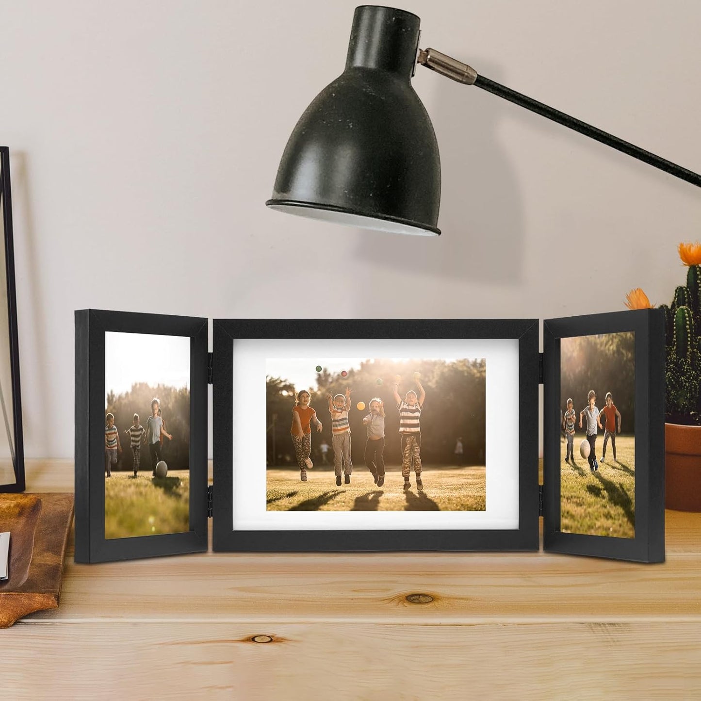 Hinged 3 Picture Frame 4x6 & 5x7 Folding Collage Photo Frames Multiple Wooden Desk Picture Frames with Mat for Office Tabletop or Wall Decor, Black