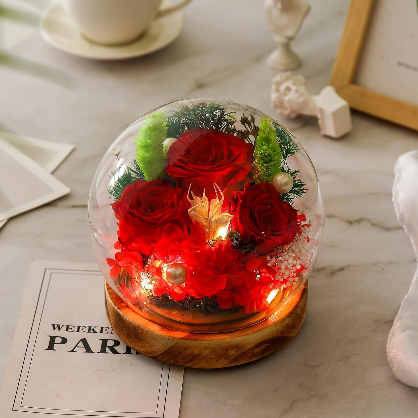 LED Preserved Real Rose Glass Dome Display, Red Roses with Pearl Accents, Wooden Base, Gift for Women Mothers Women Mom Grandma Girlfriend Wife