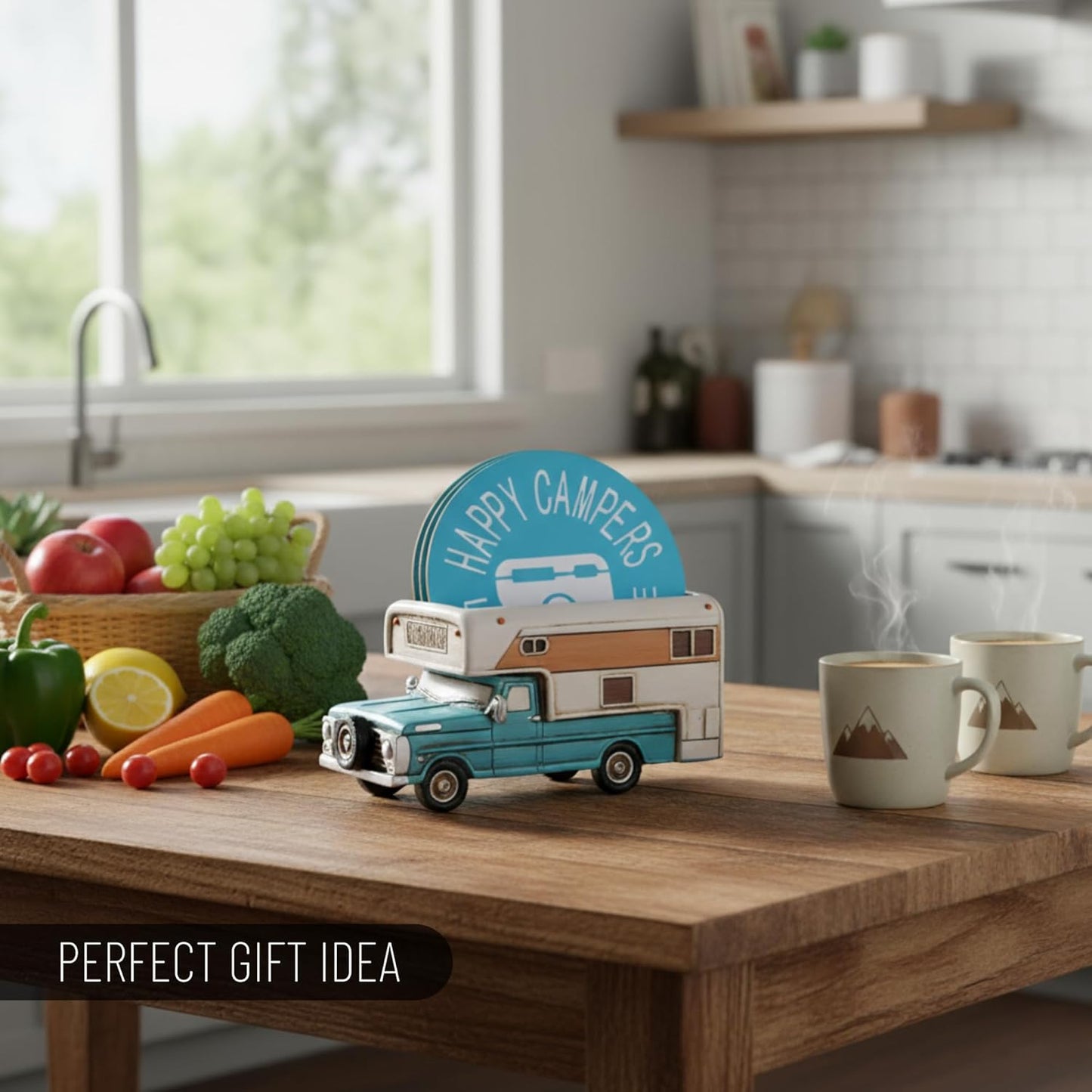 Happy Camper Car Coaster Set - Truck RV Coasters for Drinks Rustic Home Decor Living Room - Table Coasters Set Dining Room Decor and Accessories - Home Bar Camp