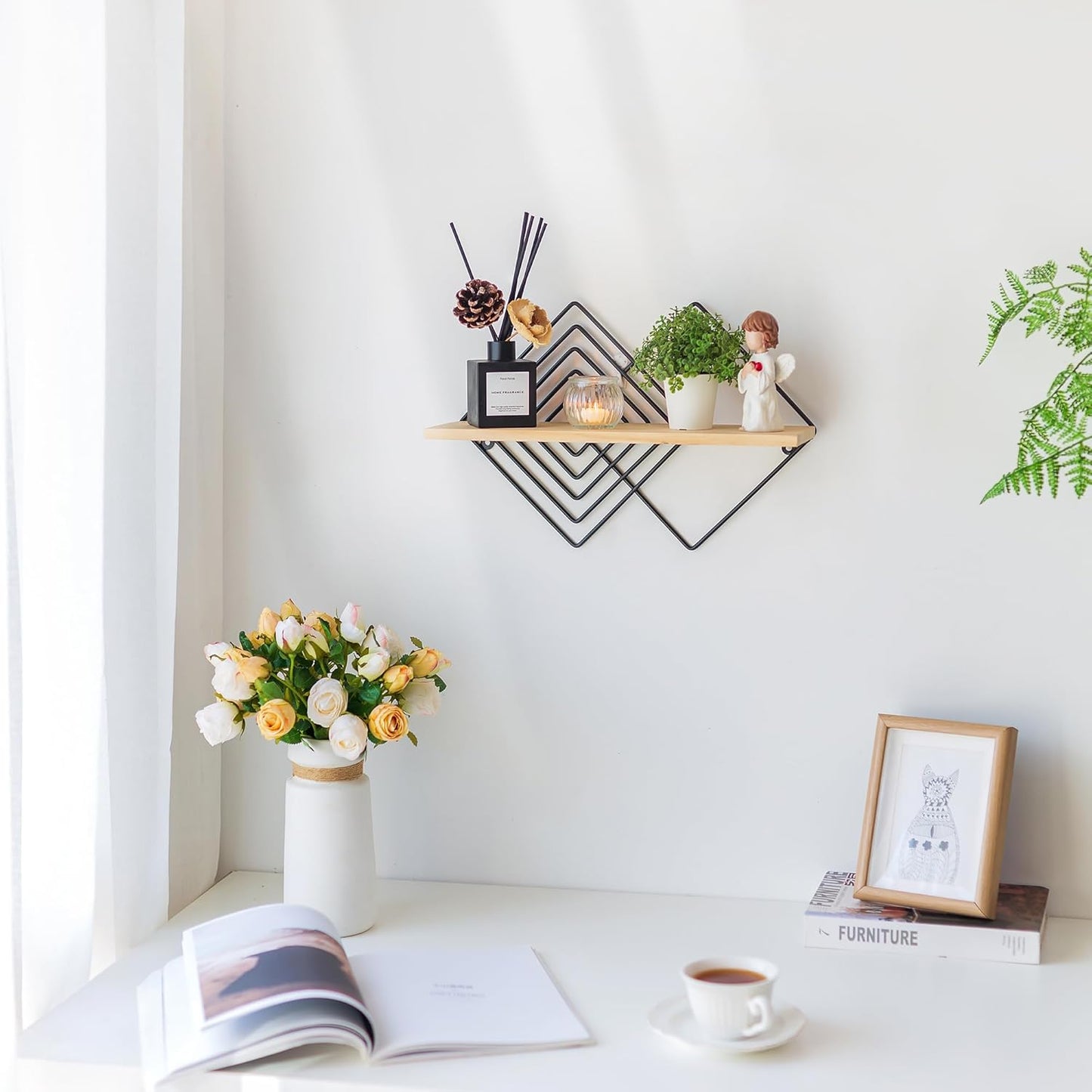 Floating Shelves Modern Geometric - Bedroom Wall Shelf Black Hanging Shelf Wooden Shelves Decorative Wall Mounted Metal Decor Plant Display Set of 2