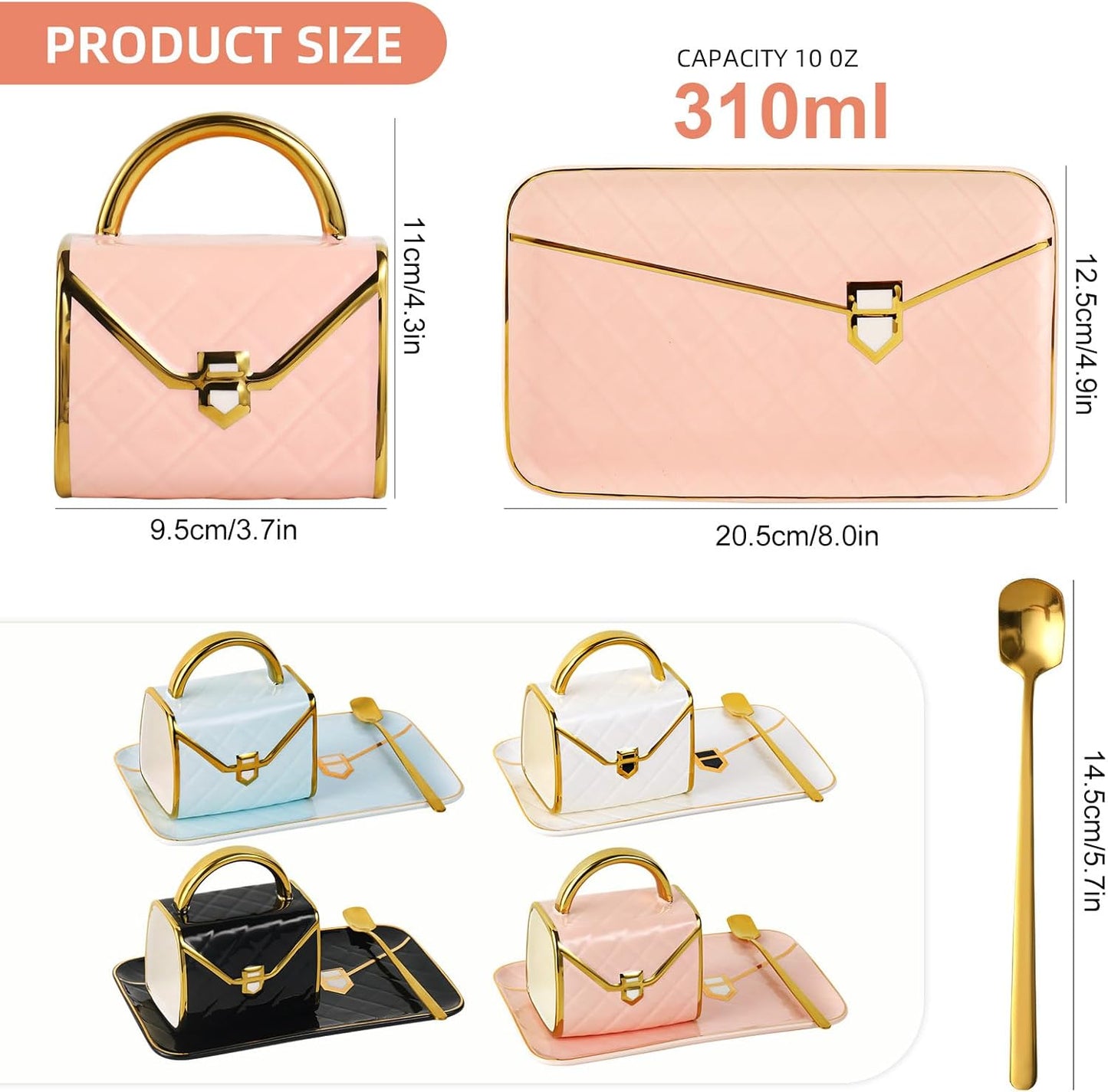 Handbag Shaped Mug, Handbag Coffee Mug And Saucer, Purse Coffee Ceramic Mug Set 10 Oz/ 310 ml Cute Creative Design Travel Tea Cup for Women Thanksgiving Christmas Gifts