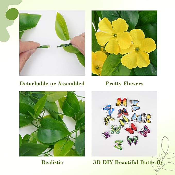 BLEUM CADE Artificial Hanging Flowers for Outdoors, 2pcs Fake Hanging Plants Pothos Vines with Yellow Flowers for Wall Home Living Room Indoor Outdoor Decor (No Baskets)