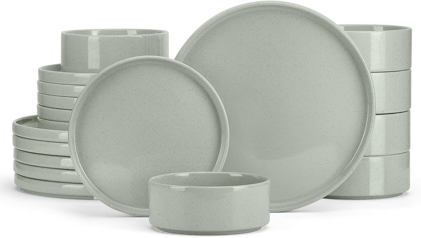 E-far Dinnerware Sets for 6, 18-Piece Stoneware Plates and Bowls Dish Set, Modern Kitchen Dinning Dishware, Chip and Scratch Resistant, Microwave & Dishwasher Safe, Speckled Green