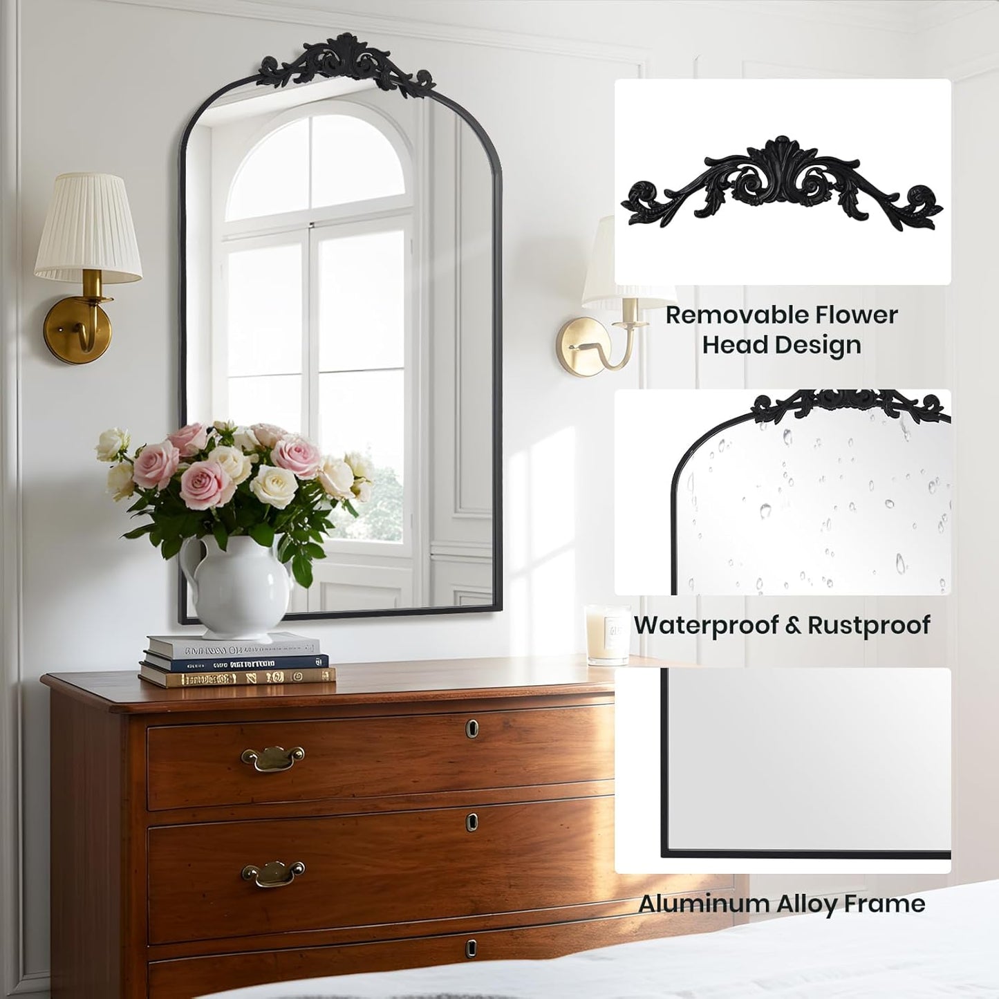 Filigree Arched Wall Mirror 26"x38" Retro Wall-Mounted Mirror with Vintage Ornate Carved Applique Hanging Leaning Antique Home Decor Mirror for Fireplace Living Room Entryway Hallway Bathroom, Black