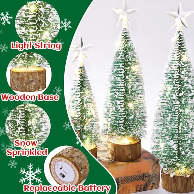 3Pcs Mini Christmas Tree for Table Decor Little Xmas Tree with LED Light for Table Centerpieces Tiny Bottle Brush Tree with White Snow for Home Indoor Tabletop Christmas Decoration