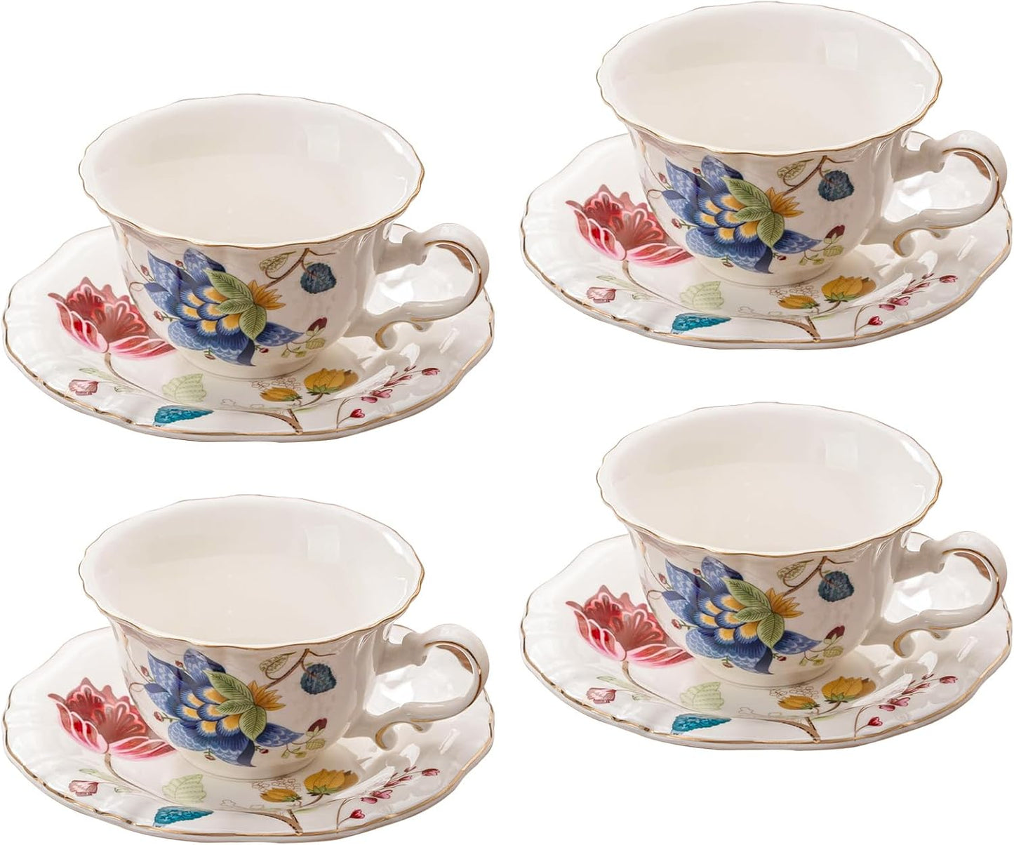 Jomop Ceramic Tea Cups Coffee Cup and Saucers Set of 4 (Blue and Red)