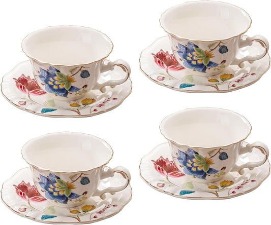 Jomop Ceramic Tea Cups Coffee Cup and Saucers Set of 4 (Blue and Red)