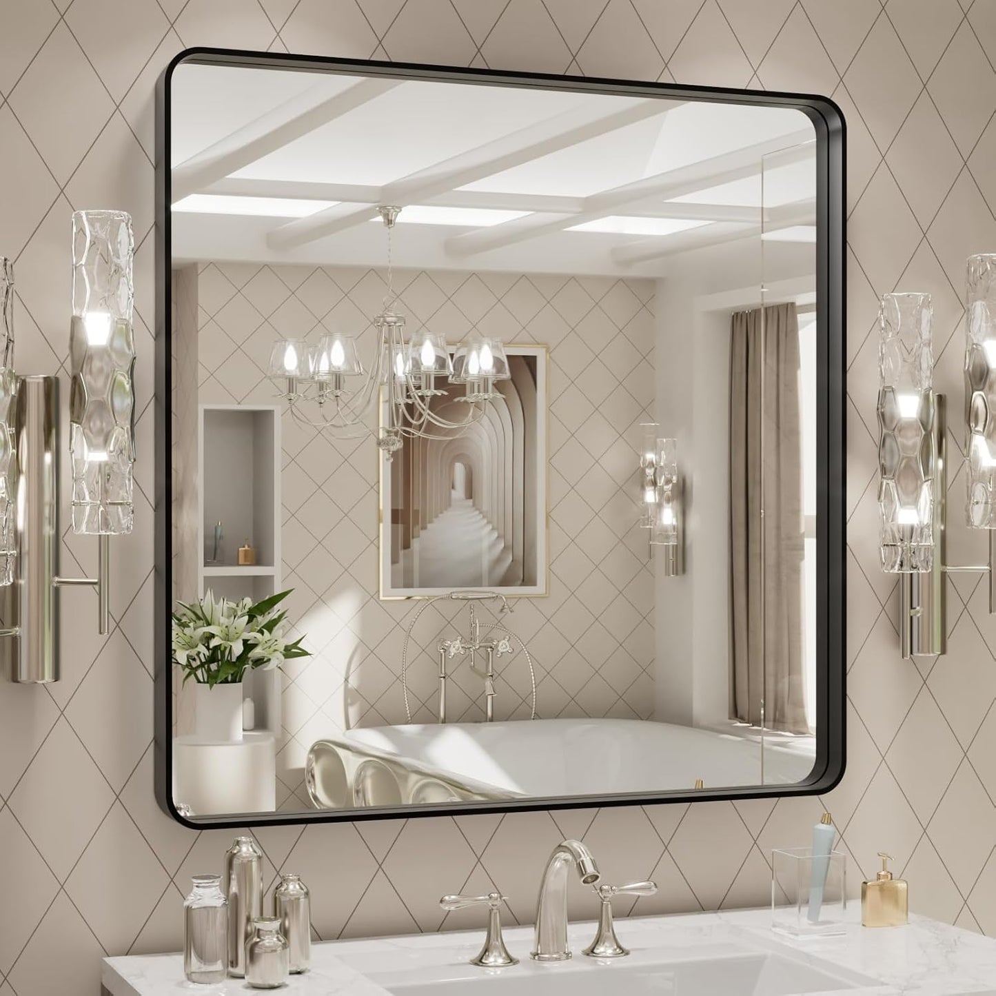 LOAAO 30x30 Inch Black Metal Framed Bathroom Mirror for Wall, Matte Black Bathroom Vanity Mirror Farmhouse, Large Rounded Rectangle Mirror, Anti-Rust, Hangs Horizontally or Vertically